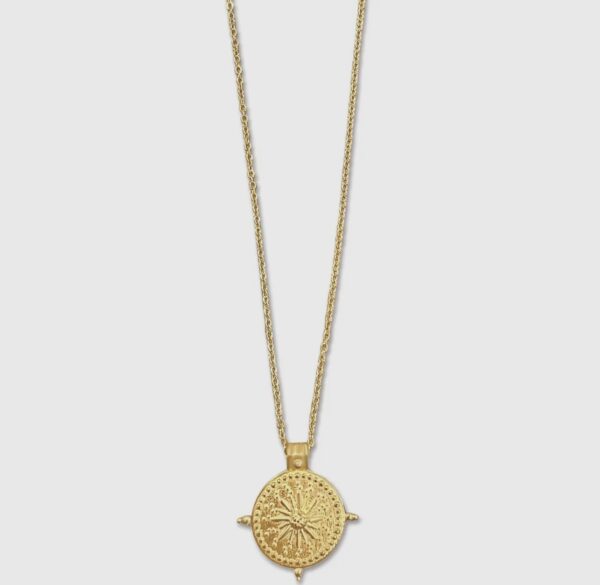 A gold necklace with a coin pendant on it.