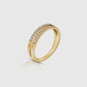 A gold ring with two rows of diamonds on it.