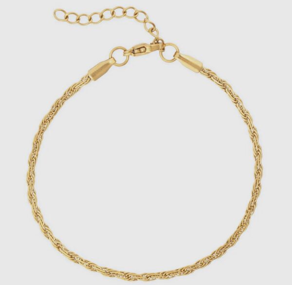 A gold chain bracelet with a small diamond cut chain.